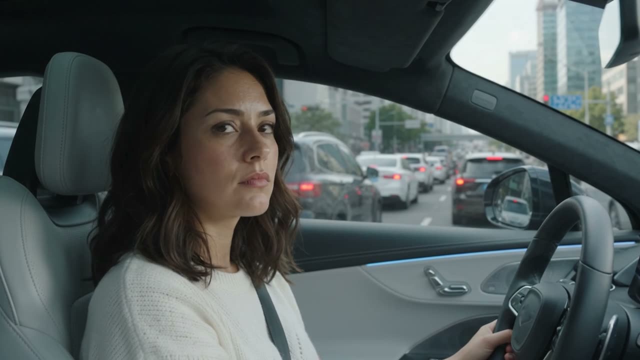 A car waits among the traffic before the escape begins.