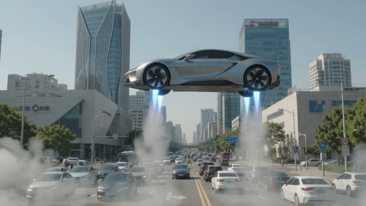 The car rises with its body and wheels still visible.